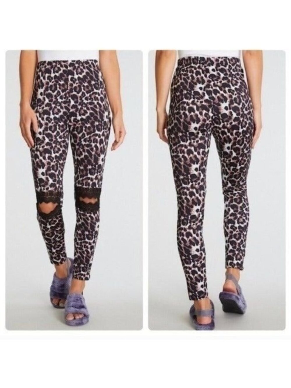 Leopard Print High-Waisted Leggings With Black Lace Detail-SIZE: MEDIUM